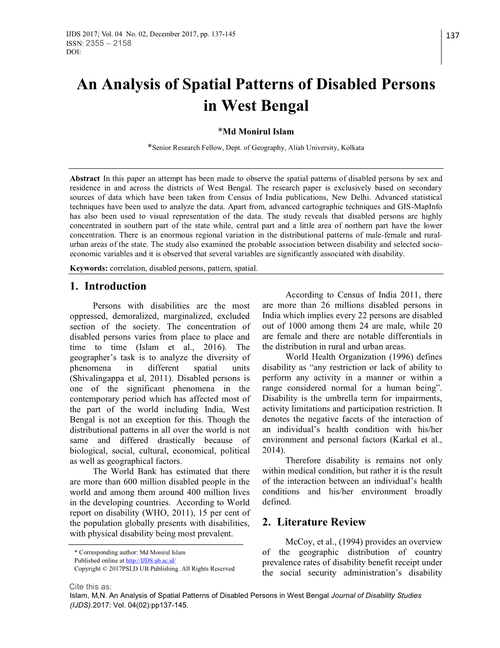 An Analysis of Spatial Patterns of Disabled Persons in West Bengal