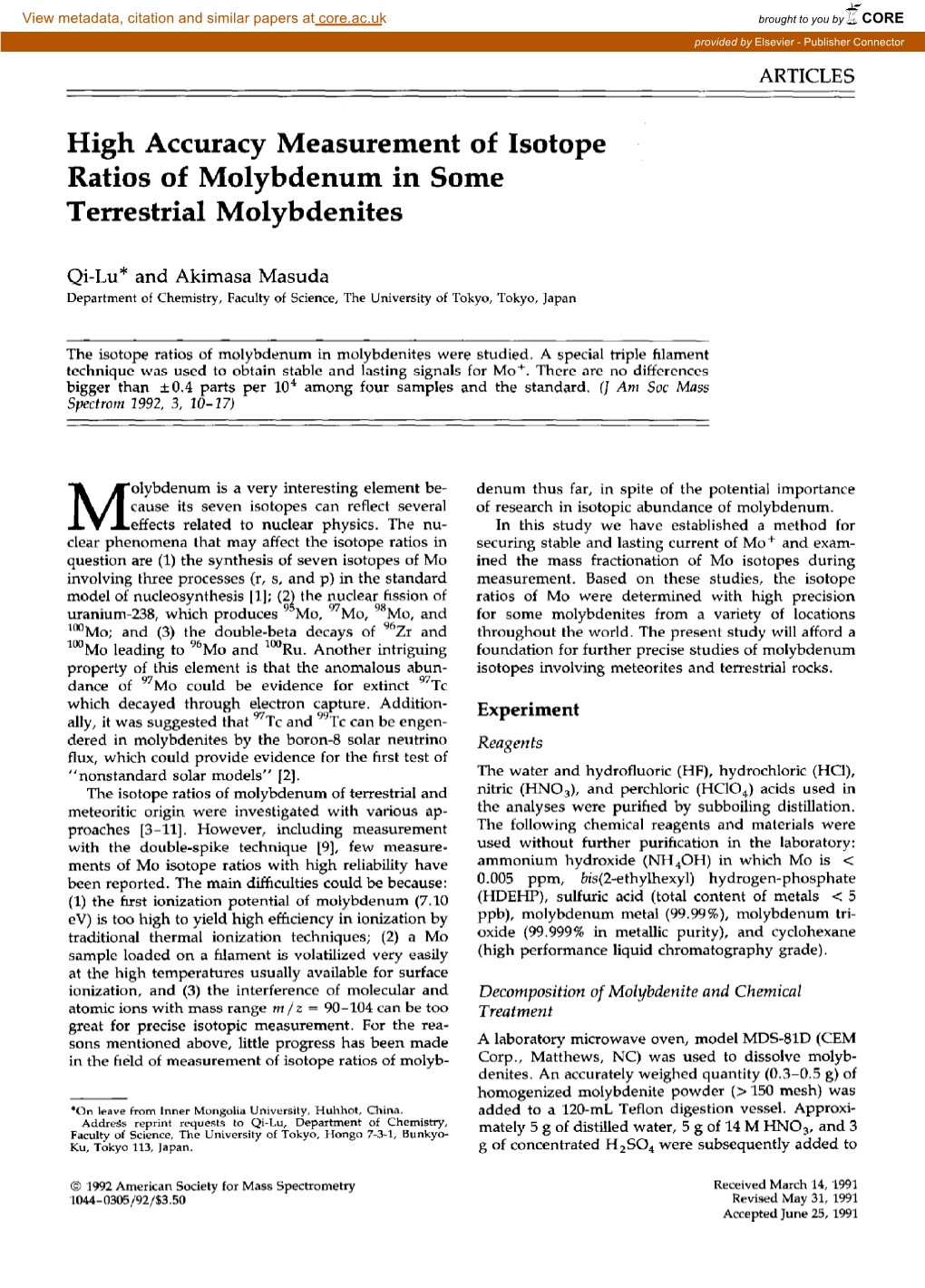 High Accuracy Measurement of Isotope Ratios of Molybdenum in Some Terrestrial Molybdenites