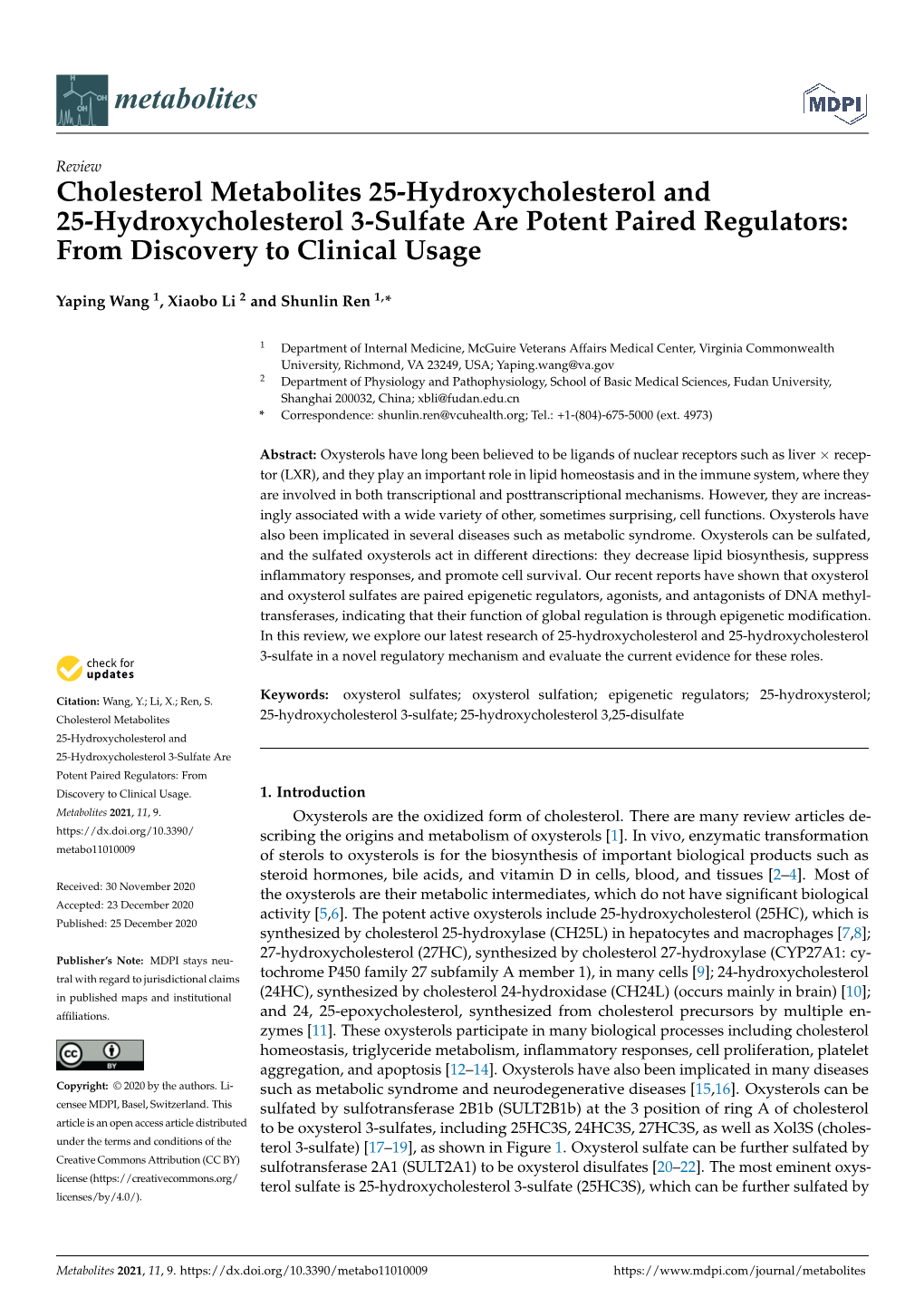 Cholesterol Metabolites 25-Hydroxycholesterol and 25-Hydroxycholesterol 3-Sulfate Are Potent Paired Regulators: from Discovery to Clinical Usage