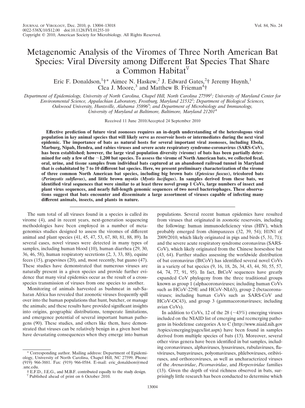 Viral Diversity Among Different Bat Species That Share a Common Habitatᰔ Eric F