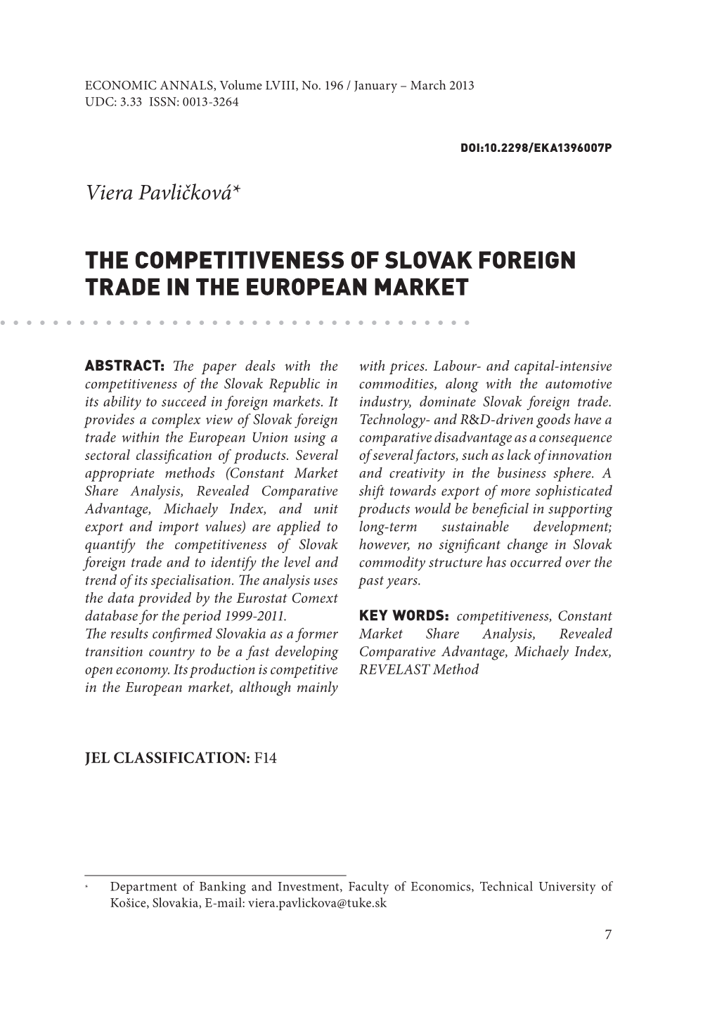 The Competitiveness of Slovak Foreign Trade in the European Market