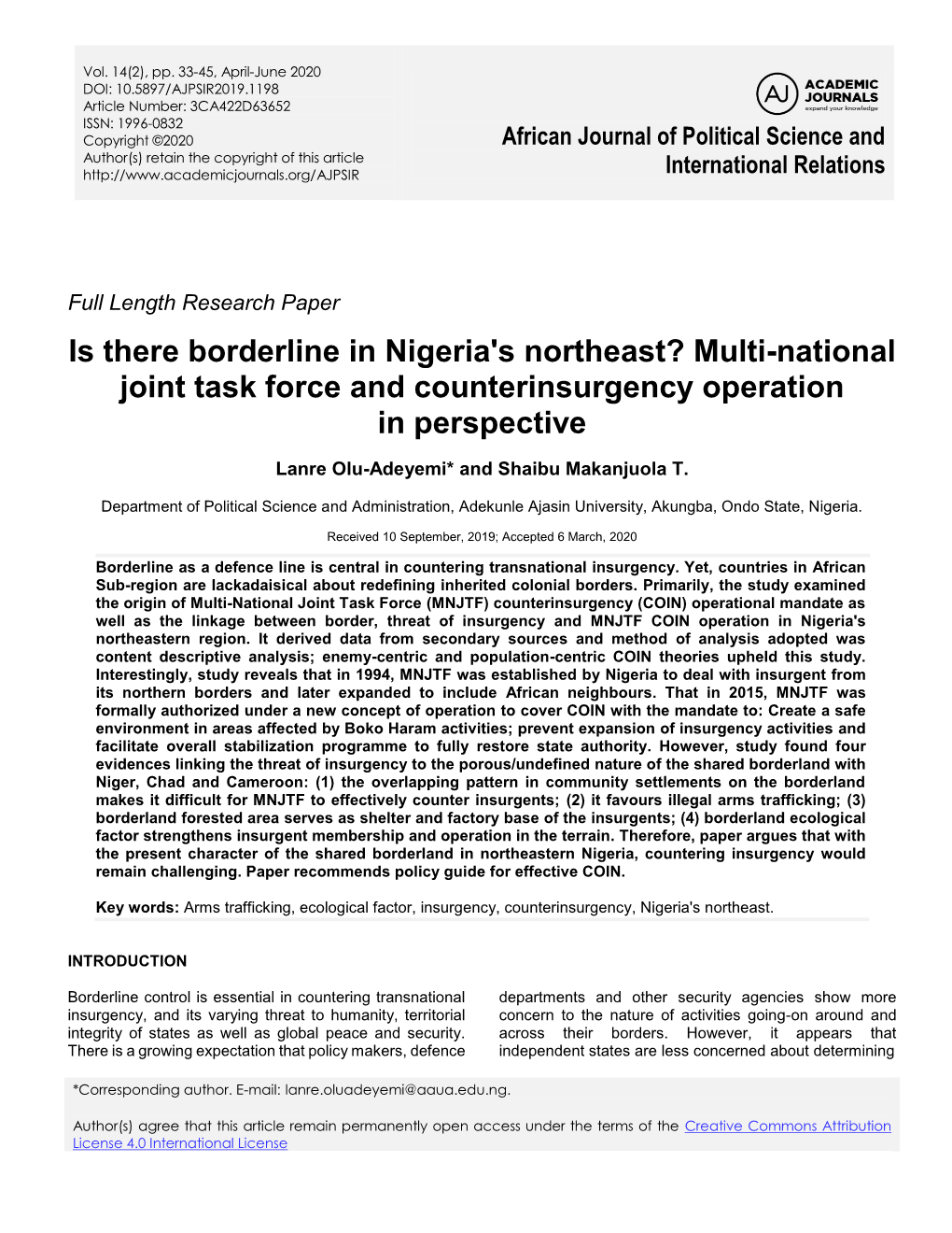 Is There Borderline in Nigeria's Northeast? Multi-National Joint Task Force and Counterinsurgency Operation in Perspective