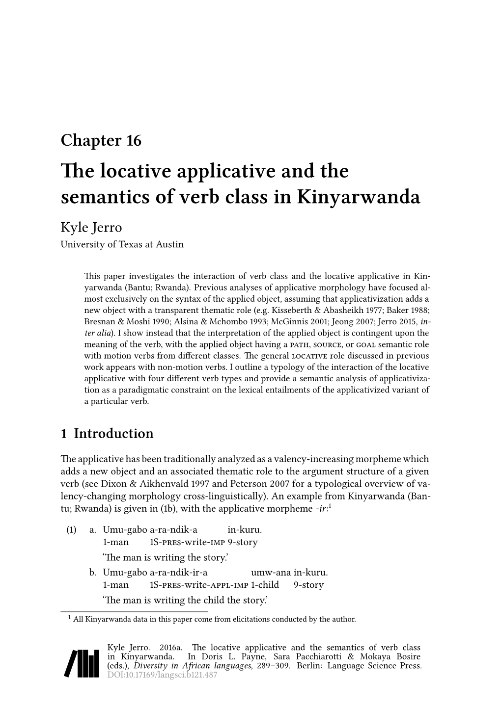 Chapter 16 the Locative Applicative and the Semantics of Verb Class in Kinyarwanda Kyle Jerro University of Texas at Austin