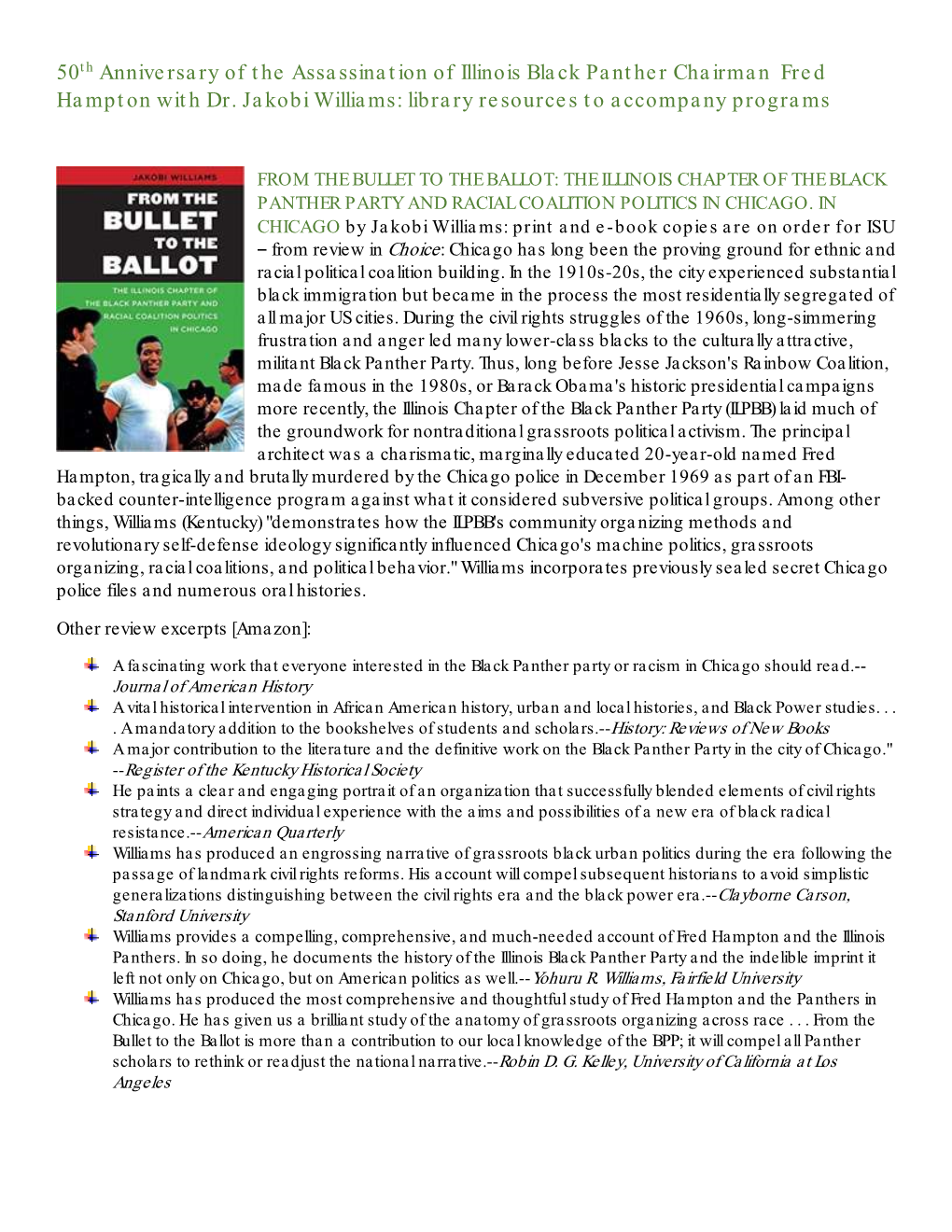 50Th Anniversary of the Assassination of Illinois Black Panther Chairman Fred Hampton with Dr