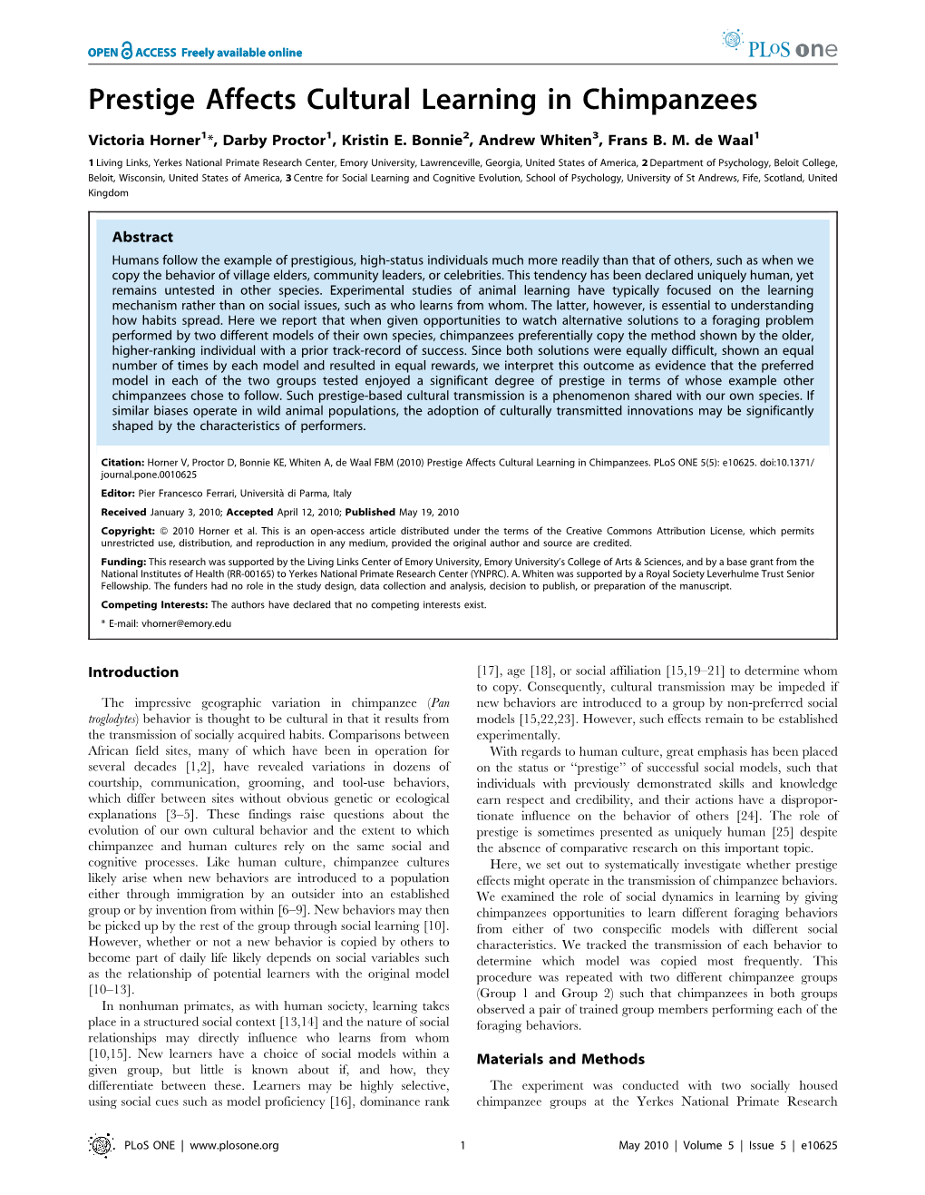 Prestige Affects Cultural Learning in Chimpanzees