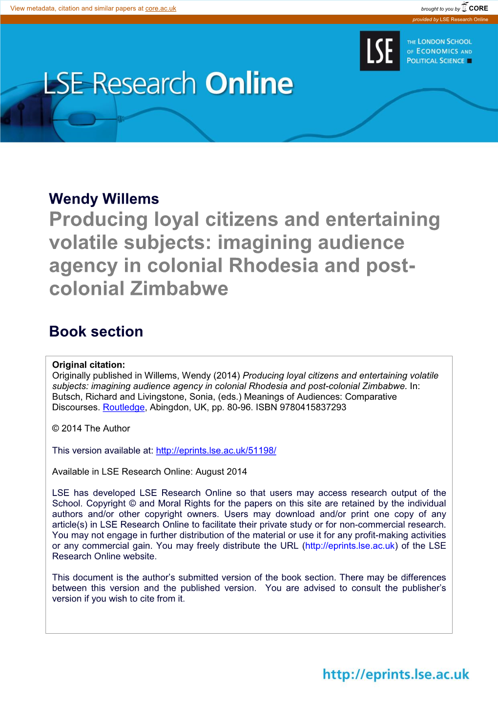 Imagining Audience Agency in Colonial Rhodesia and Post- Colonial Zimbabwe
