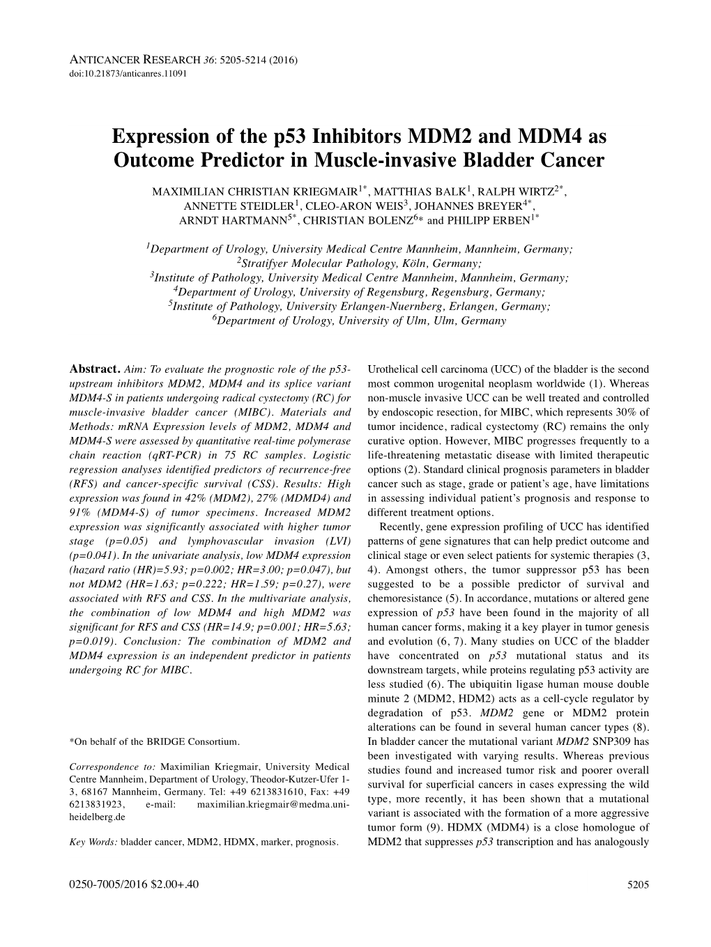 Expression of the P53 Inhibitors MDM2 and MDM4 As Outcome