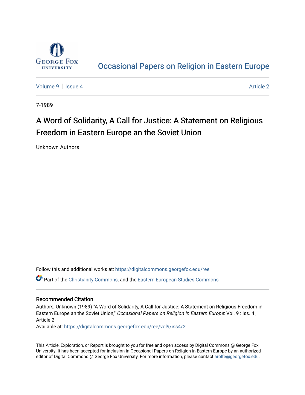 A Statement on Religious Freedom in Eastern Europe an the Soviet Union