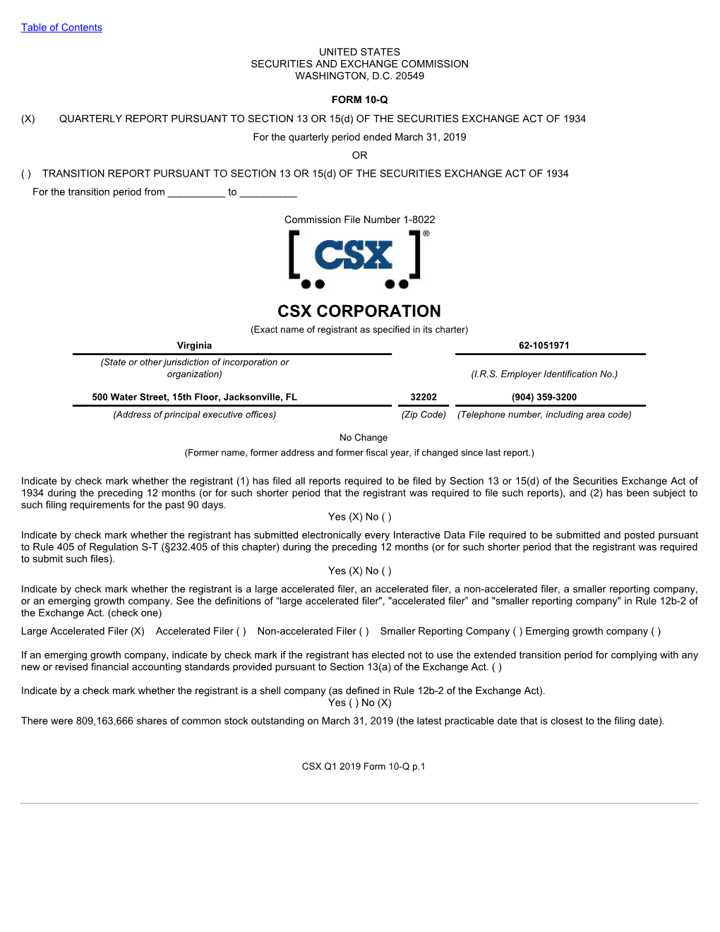 CSX CORPORATION (Exact Name of Registrant As Specified in Its Charter) Virginia 62-1051971 (State Or Other Jurisdiction of Incorporation Or Organization) (I.R.S
