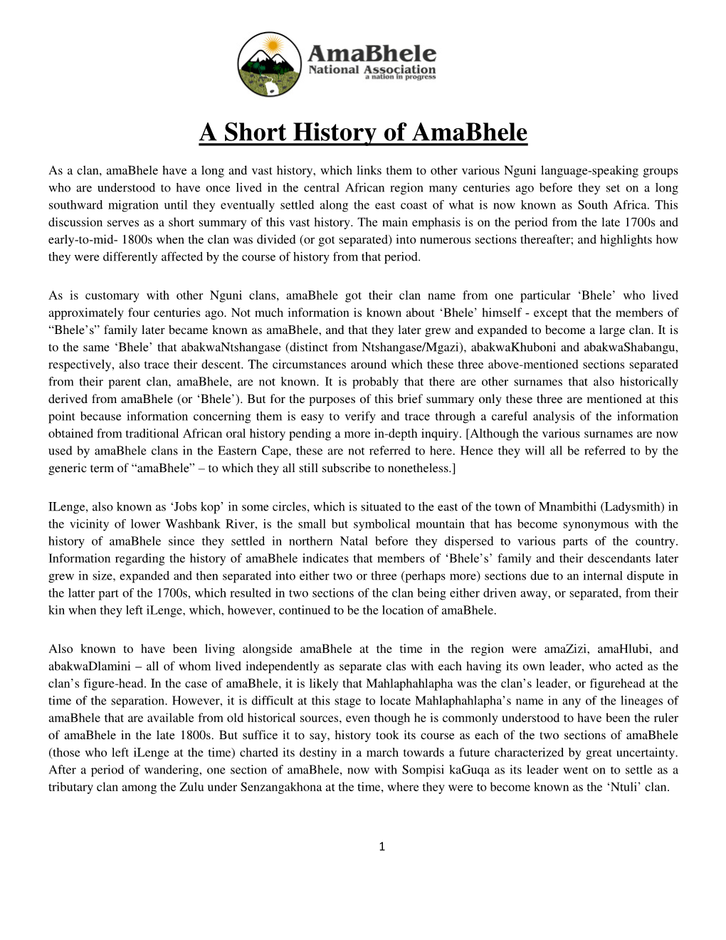 A Short History of Amabhele