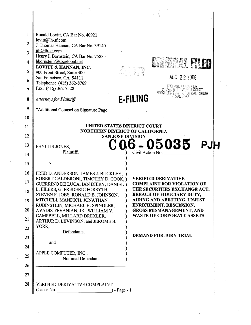 Phyllis Jones, Et Al. V. Apple Computer, Inc., Et Al. 06-CV-5035