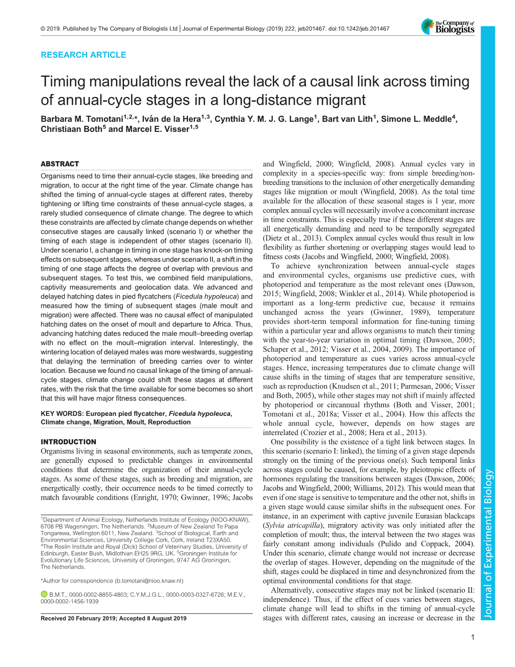 Timing Manipulations Reveal the Lack of a Causal Link Across Timing of Annual-Cycle Stages in a Long-Distance Migrant Barbara M