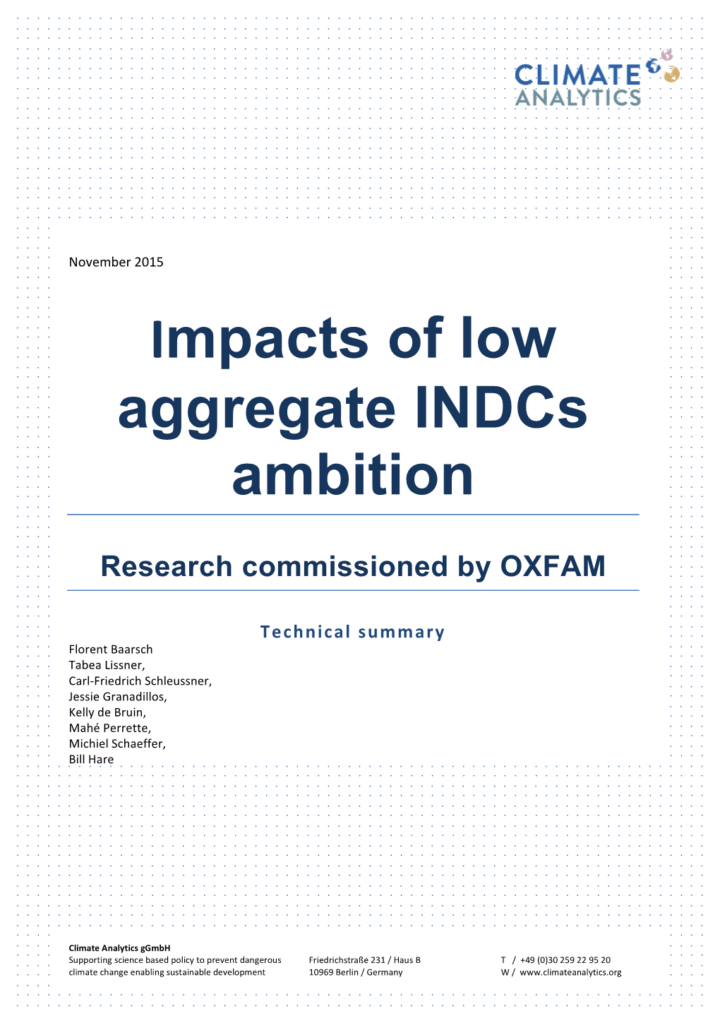 Impacts of Low Aggregate Indcs Ambition: Research Commissioned