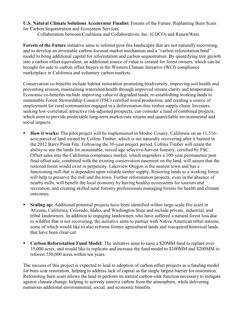 U.S. Natural Climate Solutions Accelerator Finalist: Forests of the Future: Replanting Burn Scars for Carbon Sequestration and Ecosystem Services