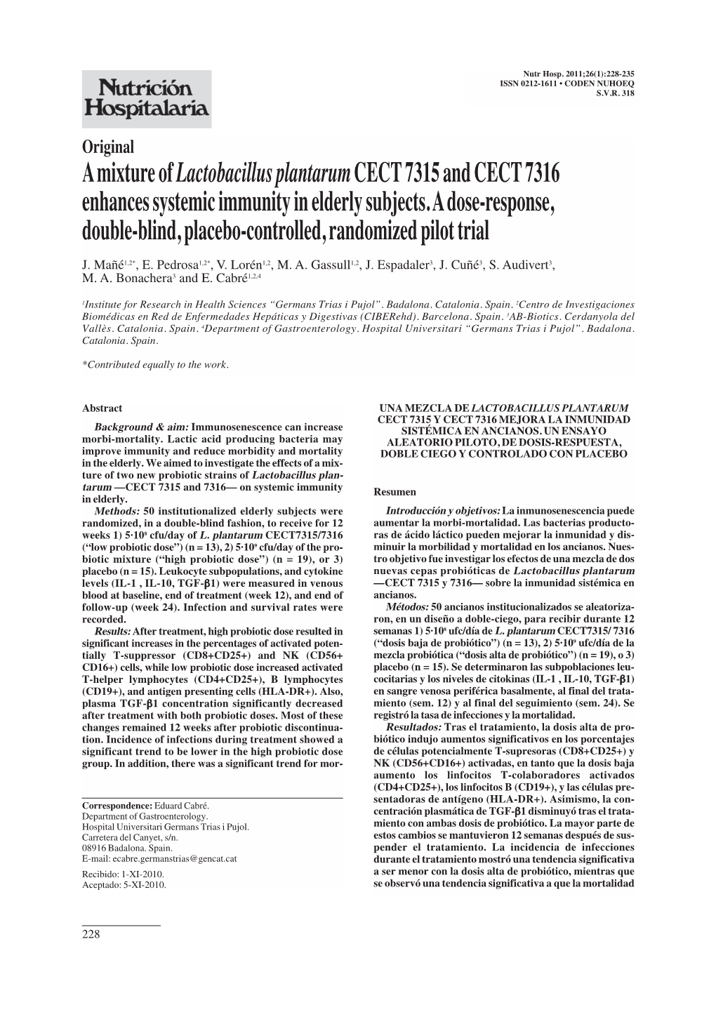 A Mixture of Lactobacillus Plantarumcect 7315 and CECT