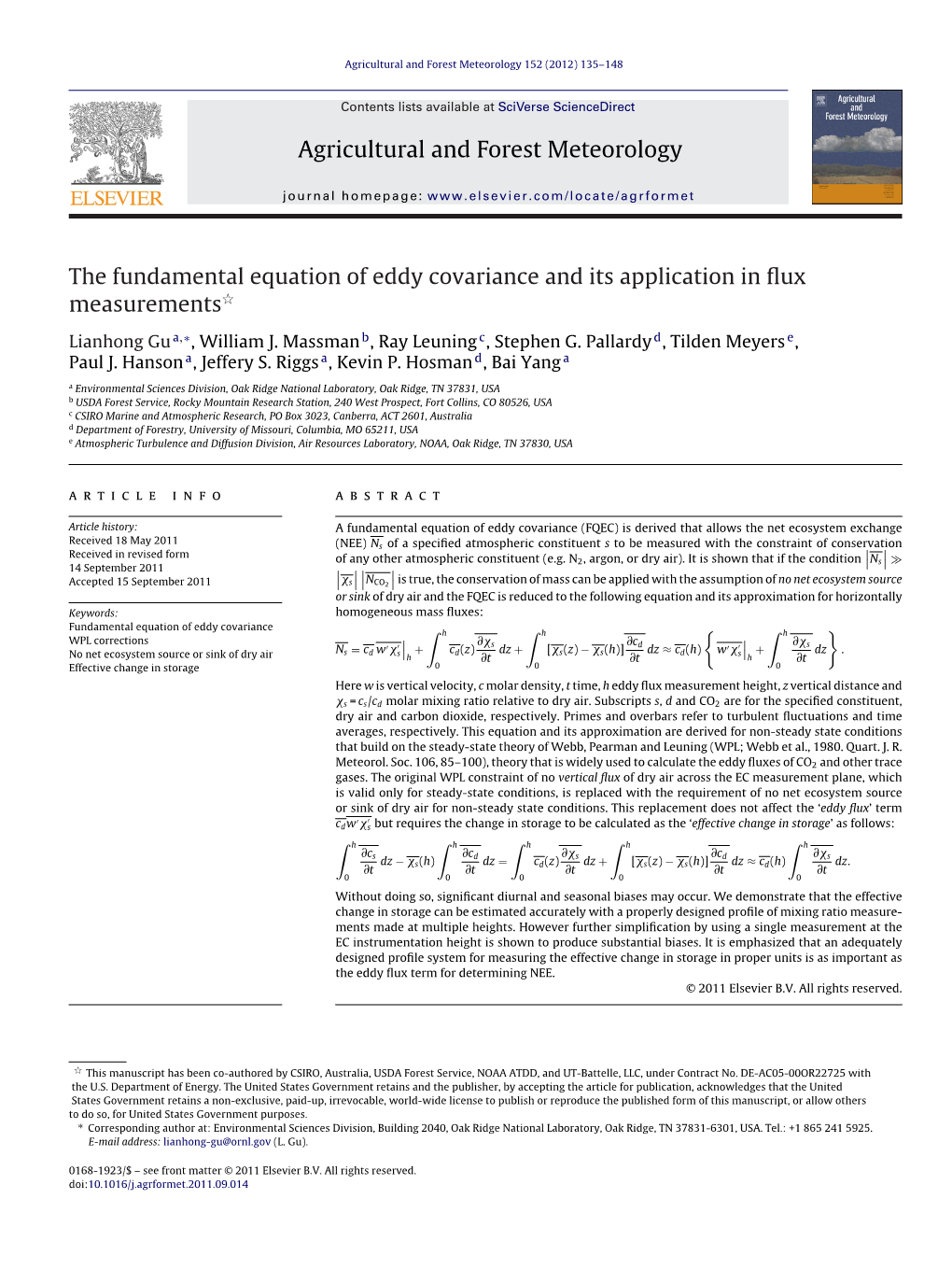 The Fundamental Equation of Eddy Covariance and Its Application in ﬂux Measurementsଝ