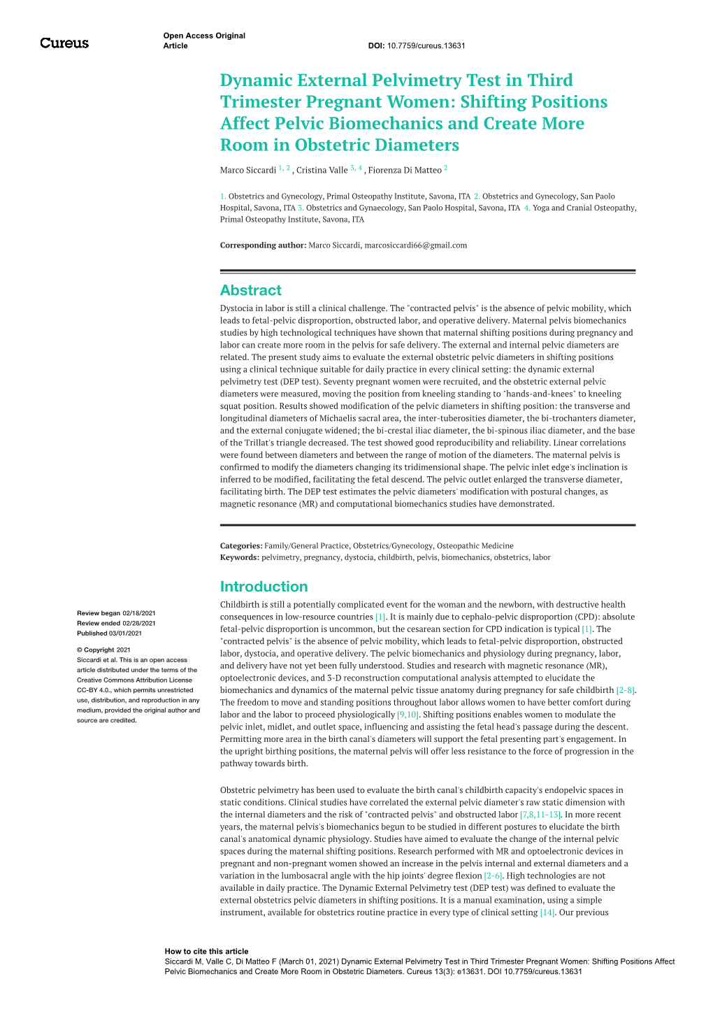 Dynamic External Pelvimetry Test in Third Trimester Pregnant Women: Shifting Positions Affect Pelvic Biomechanics and Create More Room in Obstetric Diameters