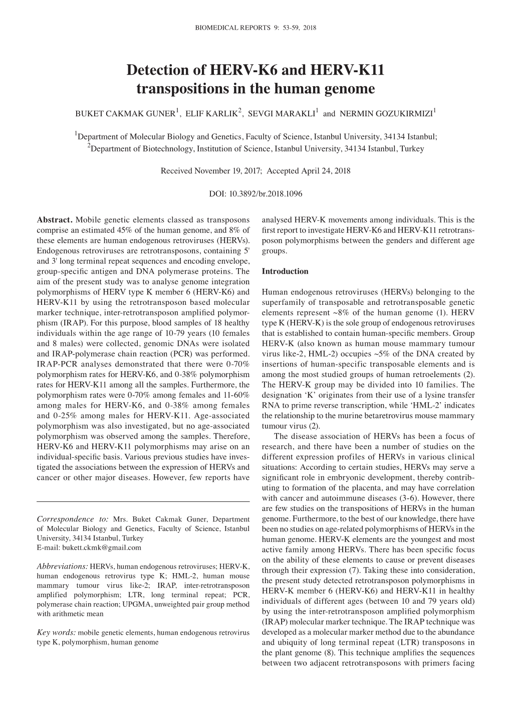 Detection of HERV‑K6 and HERV‑K11 Transpositions in the Human Genome