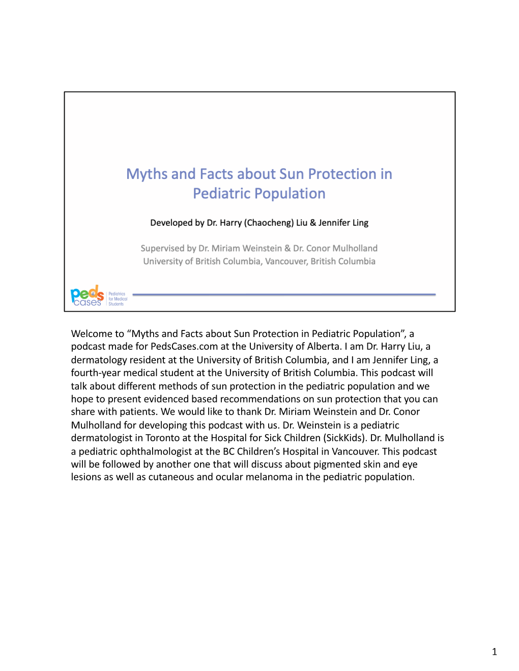 Part 1. Myths and Facts About Sun Protection in Pediatric Population
