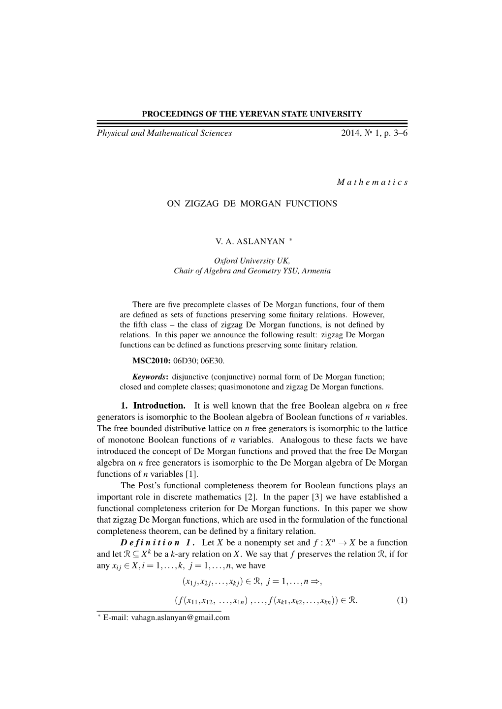 Physical and Mathematical Sciences 2014, № 1, P. 3–6 Mathematics ON