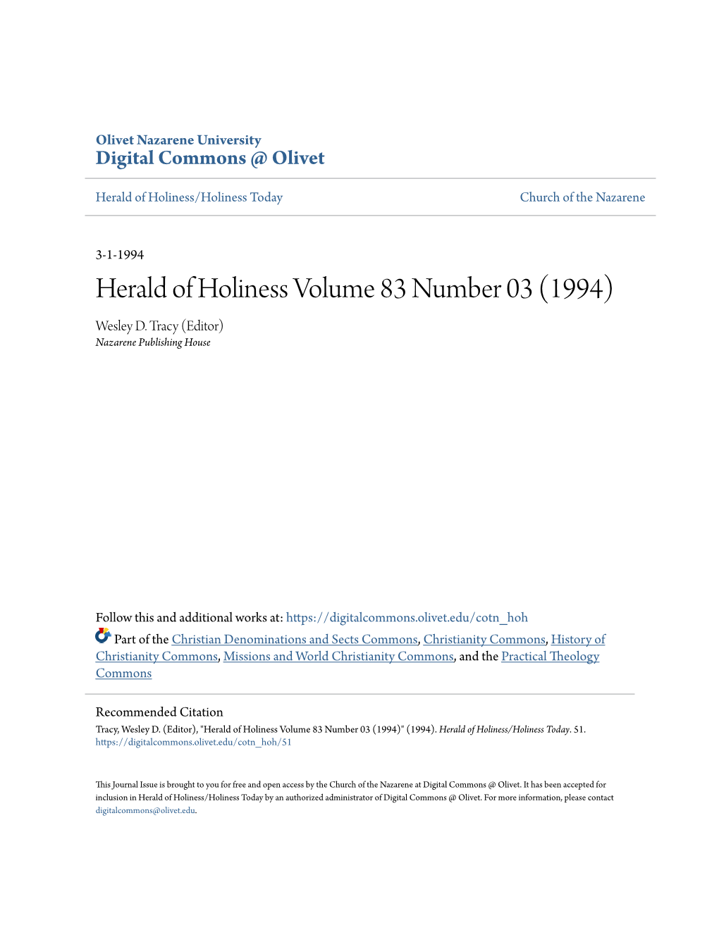 Herald of Holiness Volume 83 Number 03 (1994) Wesley D