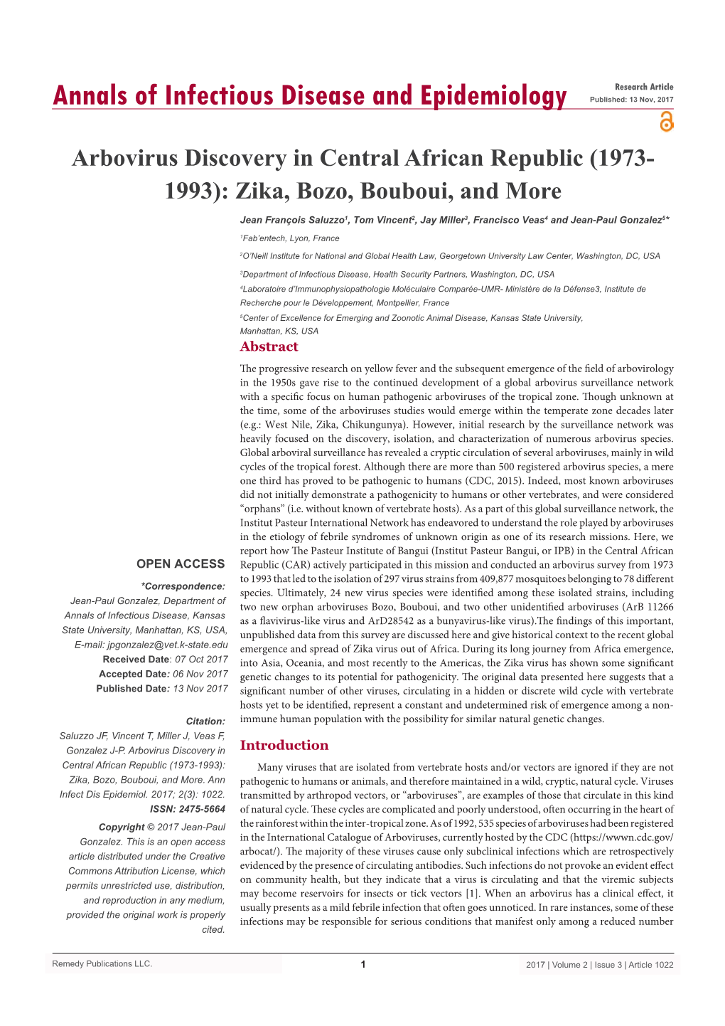 Arbovirus Discovery in Central African Republic (1973-1993): Zika, Bozo