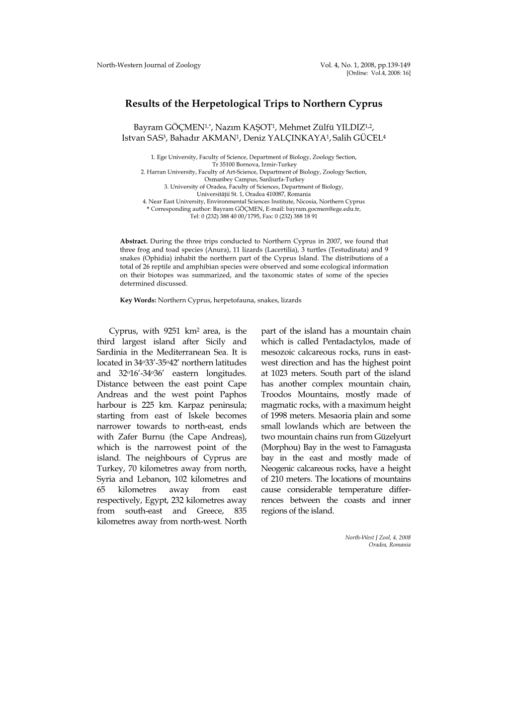 Results of the Herpetological Trips to Northern Cyprus