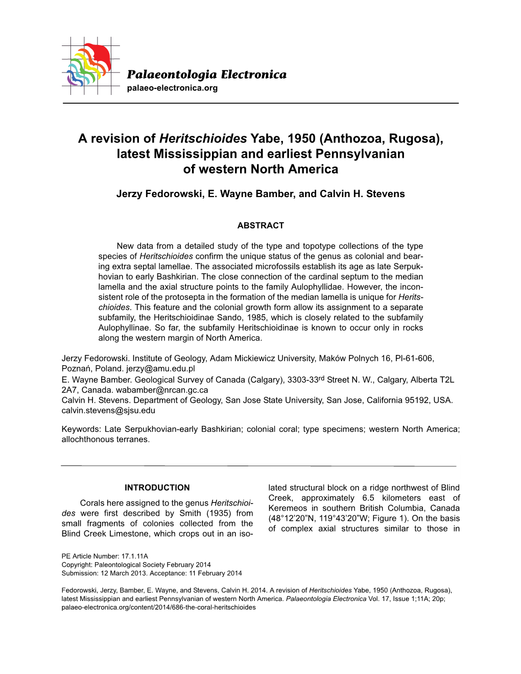 A Revision of Heritschioides Yabe, 1950 (Anthozoa, Rugosa), Latest Mississippian and Earliest Pennsylvanian of Western North America