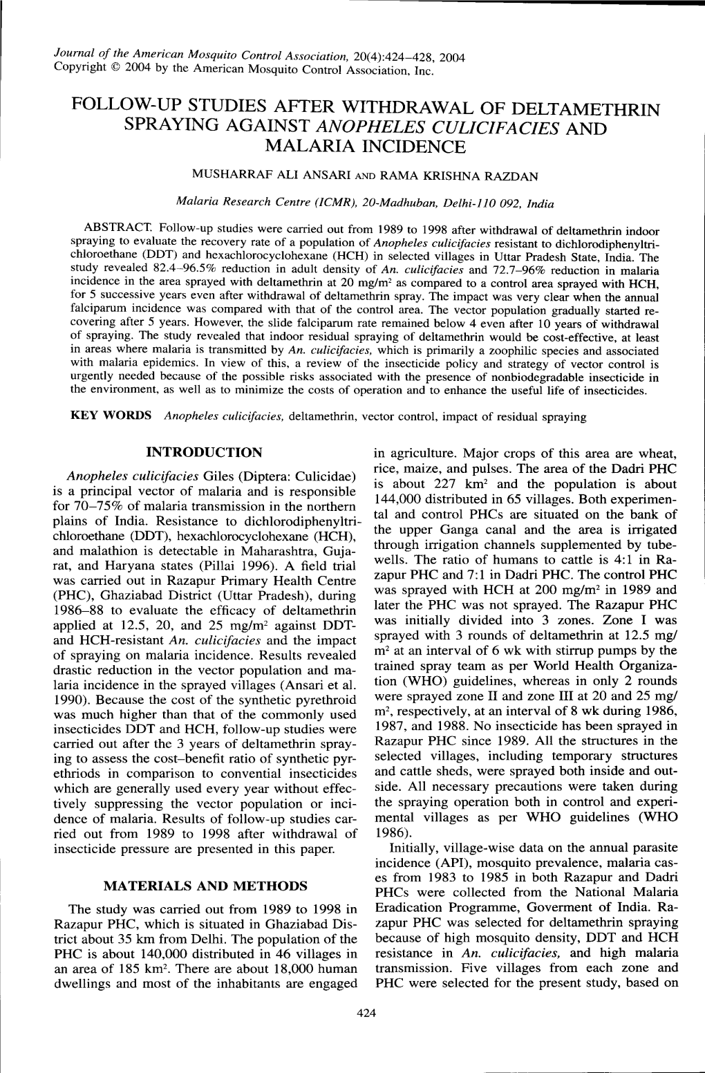 Follow-Up Studies After Withdrawal of Deltamethrin Spraying Against Anopheles Culicifacies and Malaria Incidence