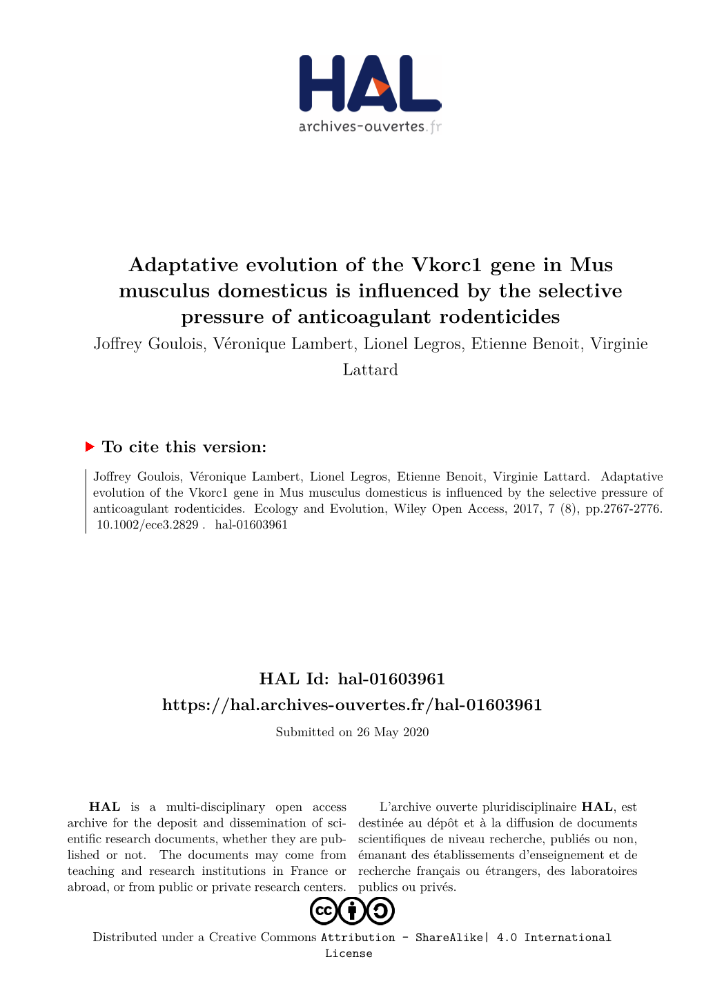Adaptative Evolution of the Vkorc1 Gene in Mus Musculus Domesticus