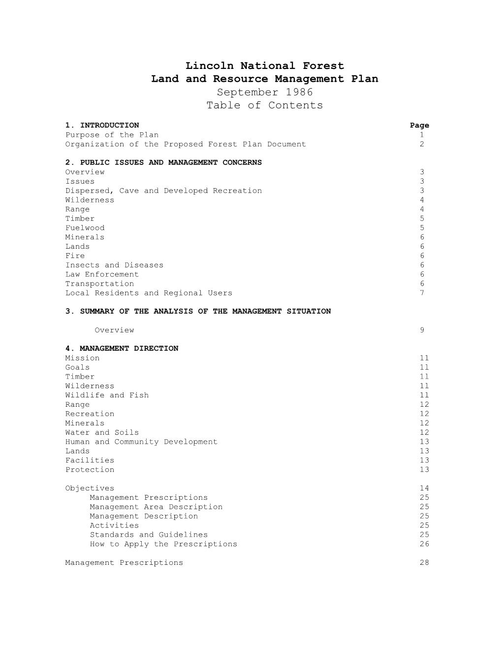 Lincoln National Forest Land and Resource Management Plan September 1986 Table of Contents