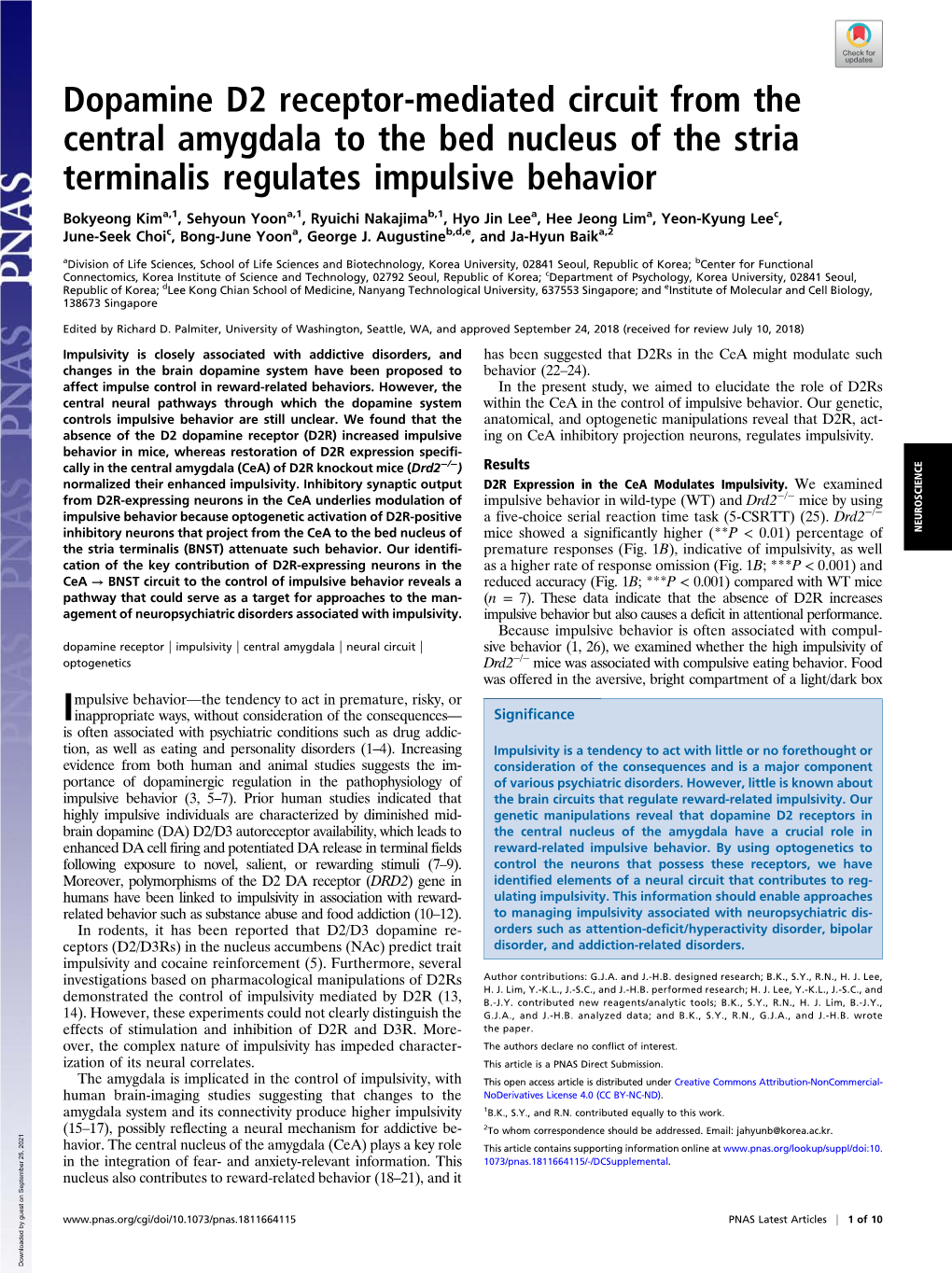Dopamine D2 Receptor-Mediated Circuit from the Central Amygdala to the Bed Nucleus of the Stria Terminalis Regulates Impulsive Behavior