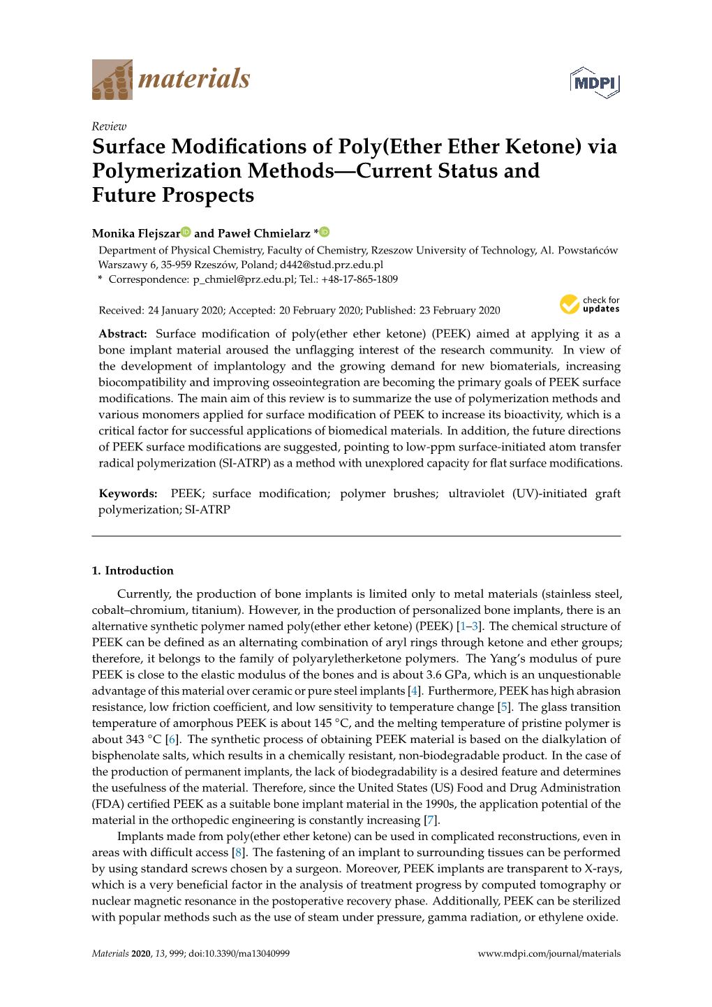 Surface Modifications of Poly(Ether Ether Ketone) Via Polymerization