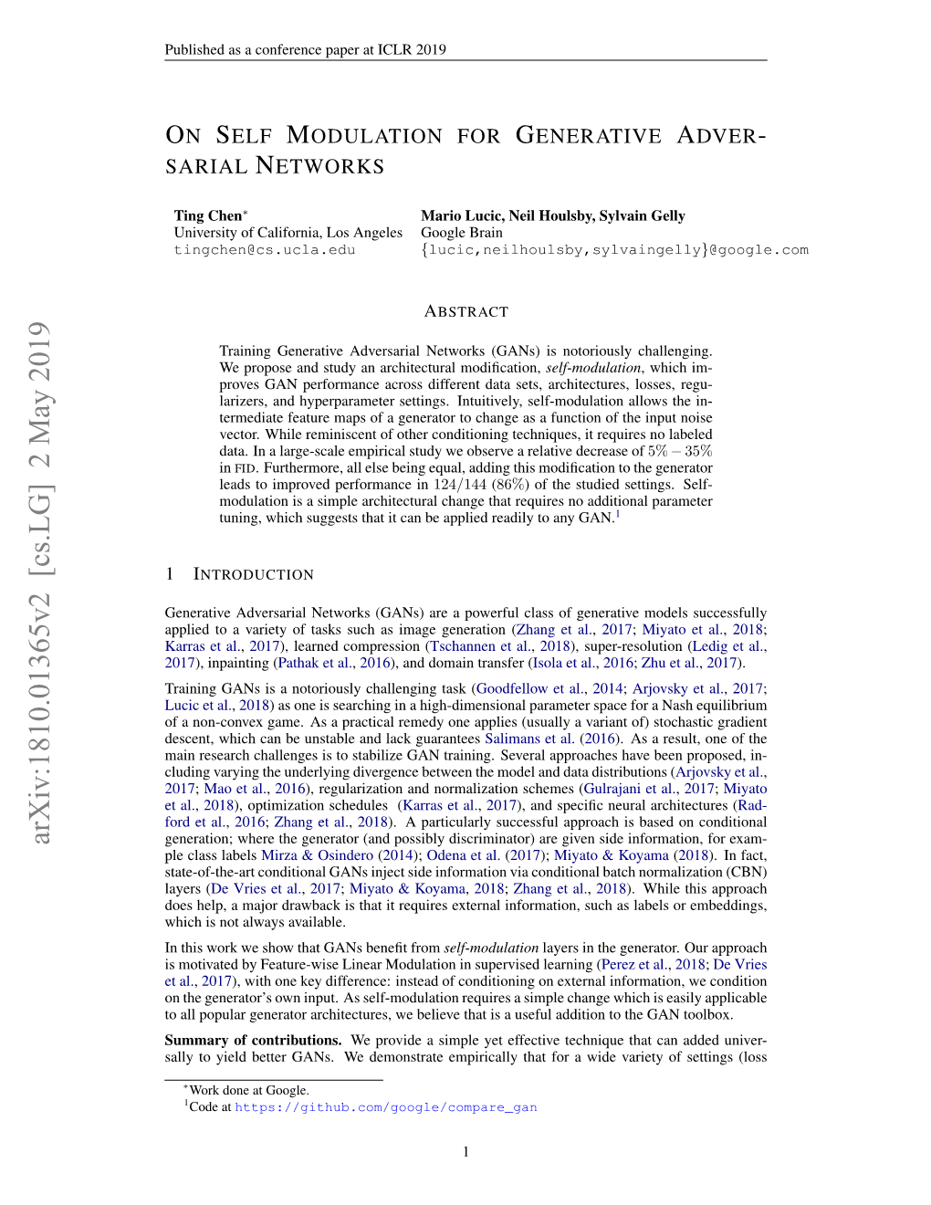 On Self Modulation for Generative Adver- Sarial Networks