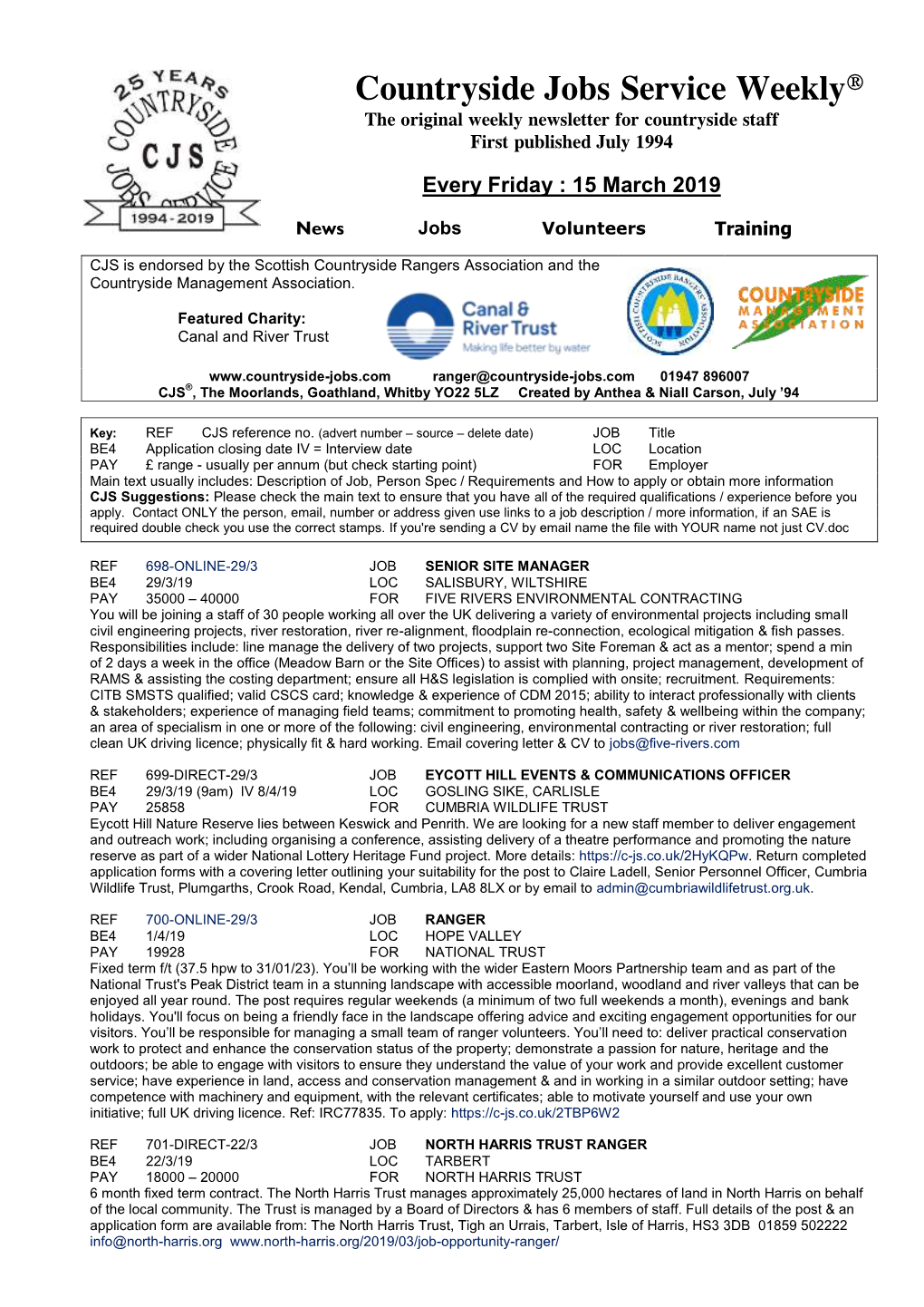 Countryside Jobs Service Weekly® the Original Weekly Newsletter for Countryside Staff First Published July 1994