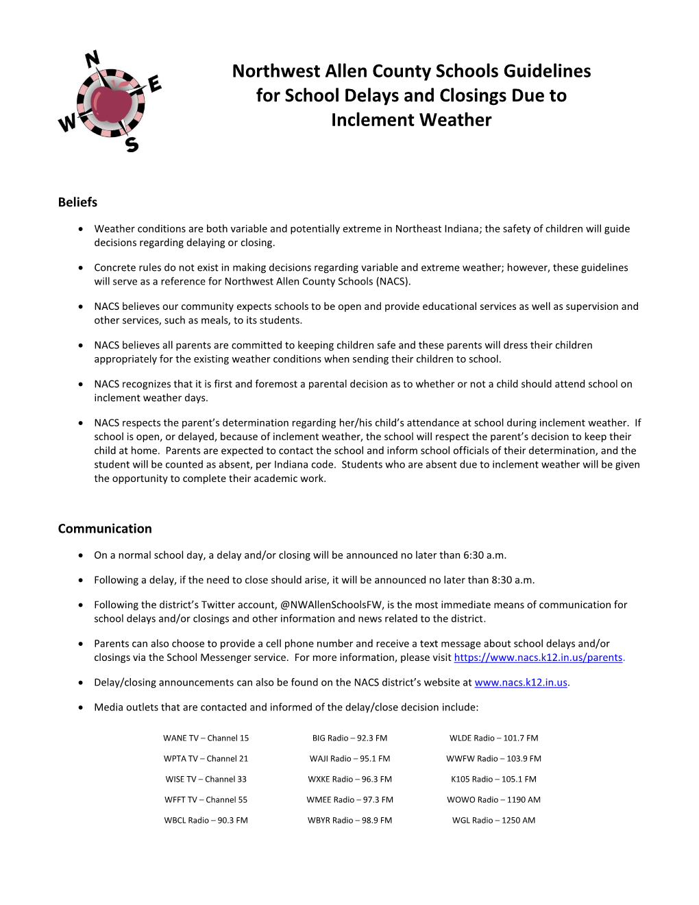 Northwest Allen County Schools Guidelines for School Delays and Closings Due to Inclement Weather