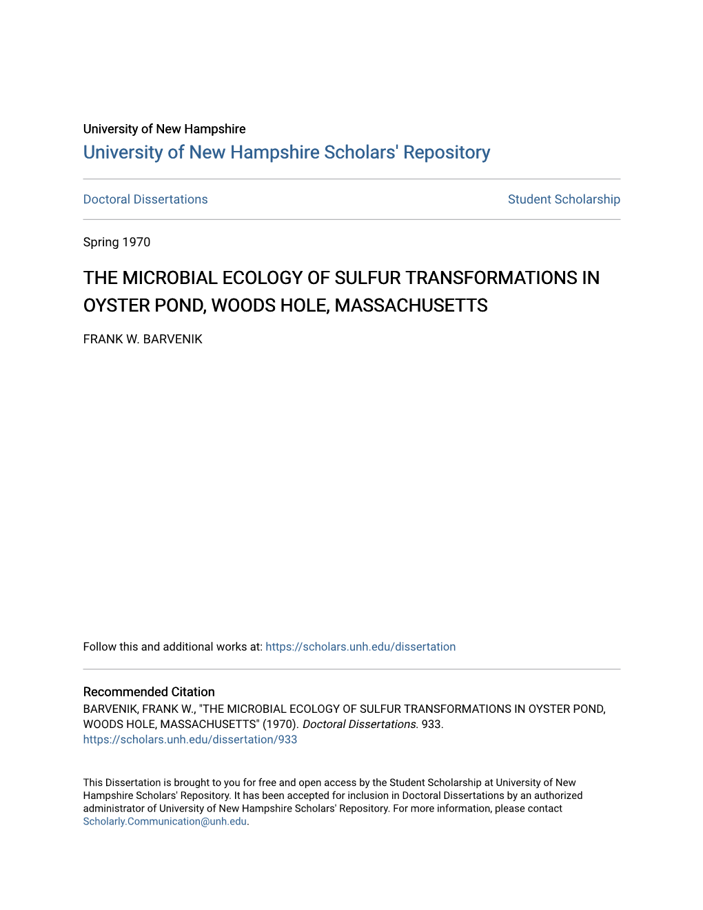 The Microbial Ecology of Sulfur Transformations in Oyster Pond, Woods Hole, Massachusetts