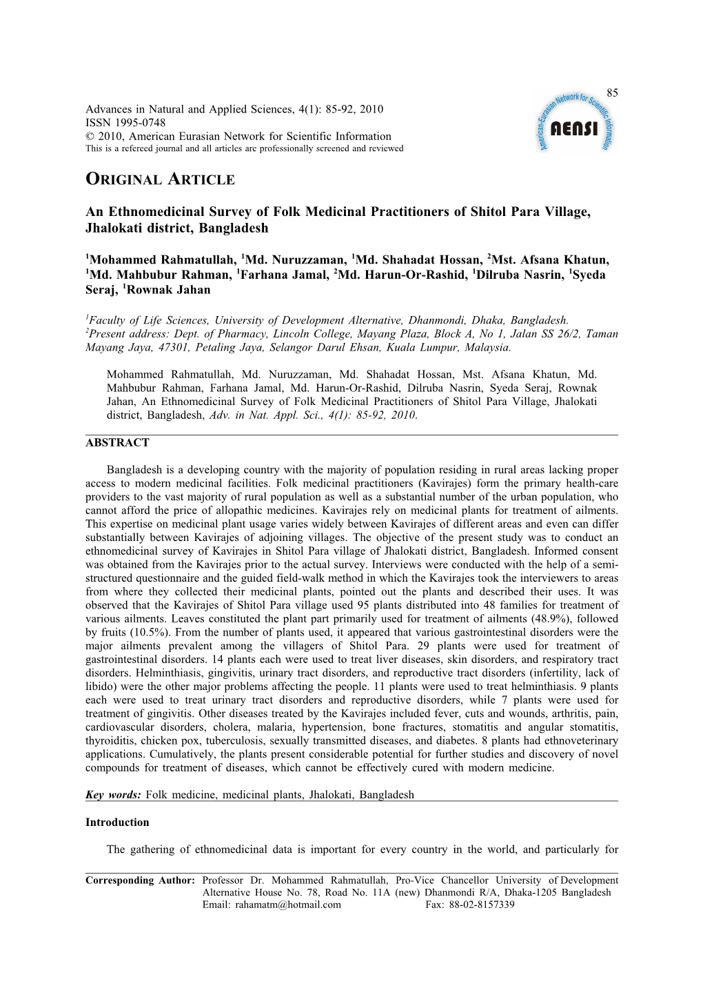 An Ethnomedicinal Survey of Folk Medicinal Practitioners of Shitol Para Village, Jhalokati District, Bangladesh