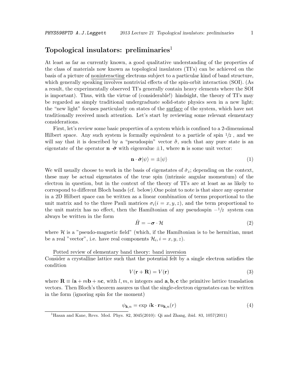 Topological Insulators: Preliminaries1