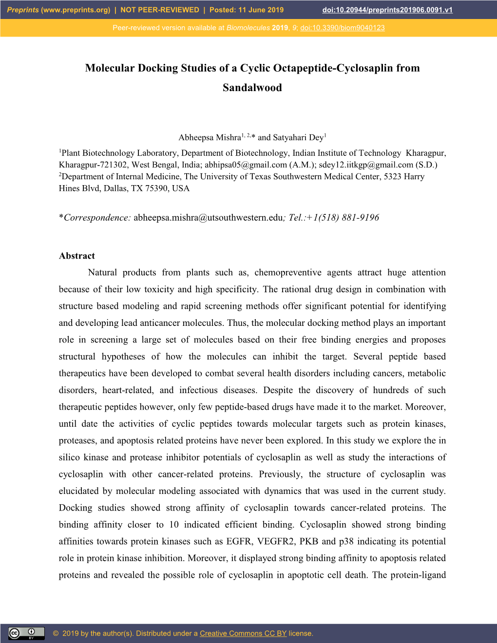 Molecular Docking Studies of a Cyclic Octapeptide-Cyclosaplin from Sandalwood