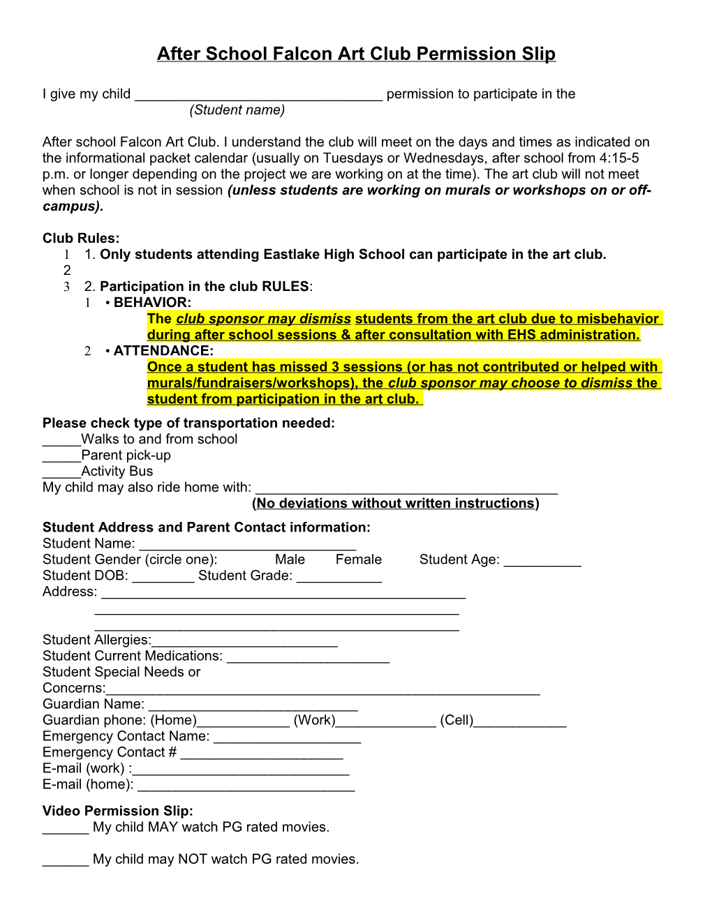 After School Falcon Art Club Permission Slip