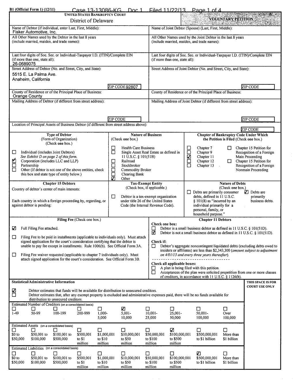 I I I Case 13-13086-KG Doc 1 Filed 11/22/13 Page 1 of 4