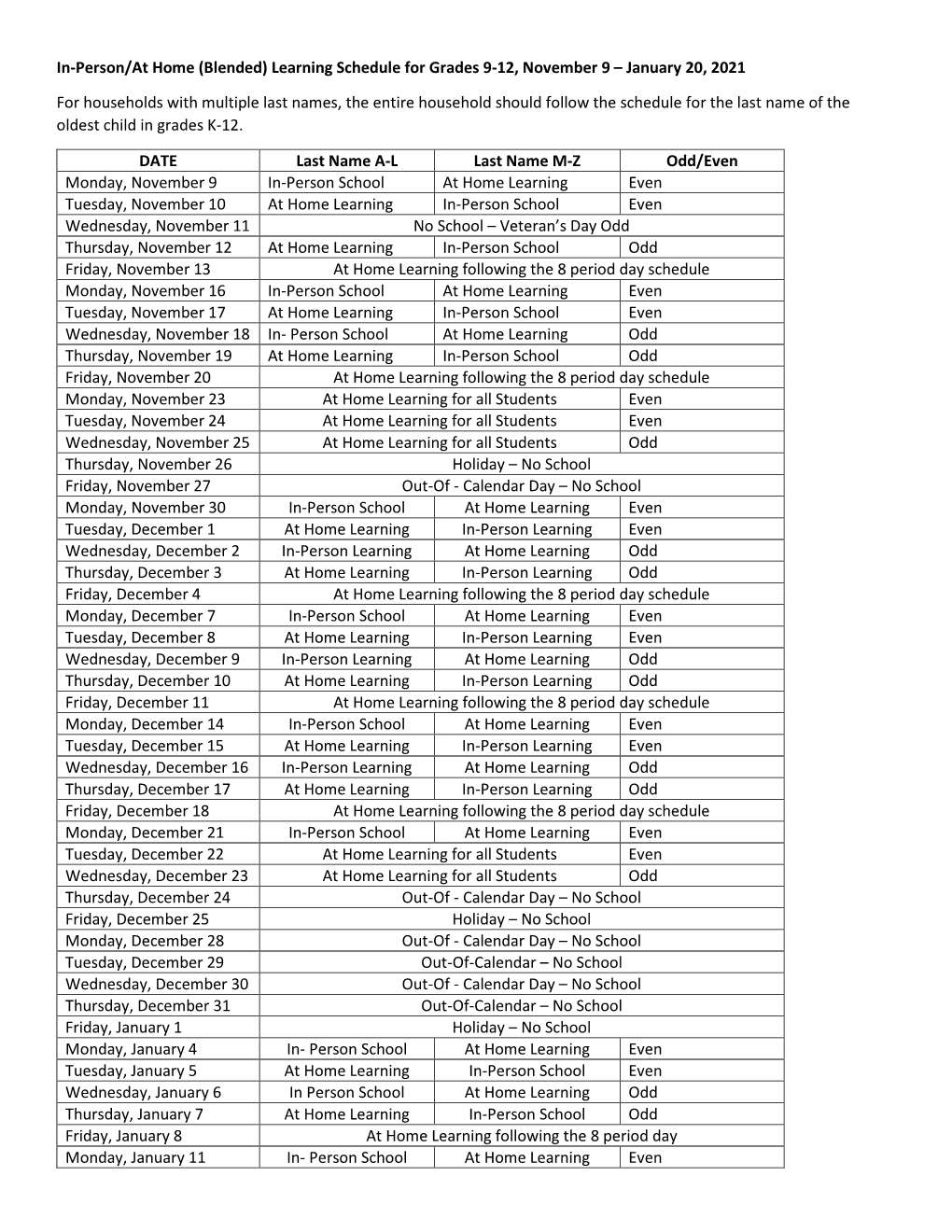 (Blended) Learning Schedule for Grades 9-12, November 9