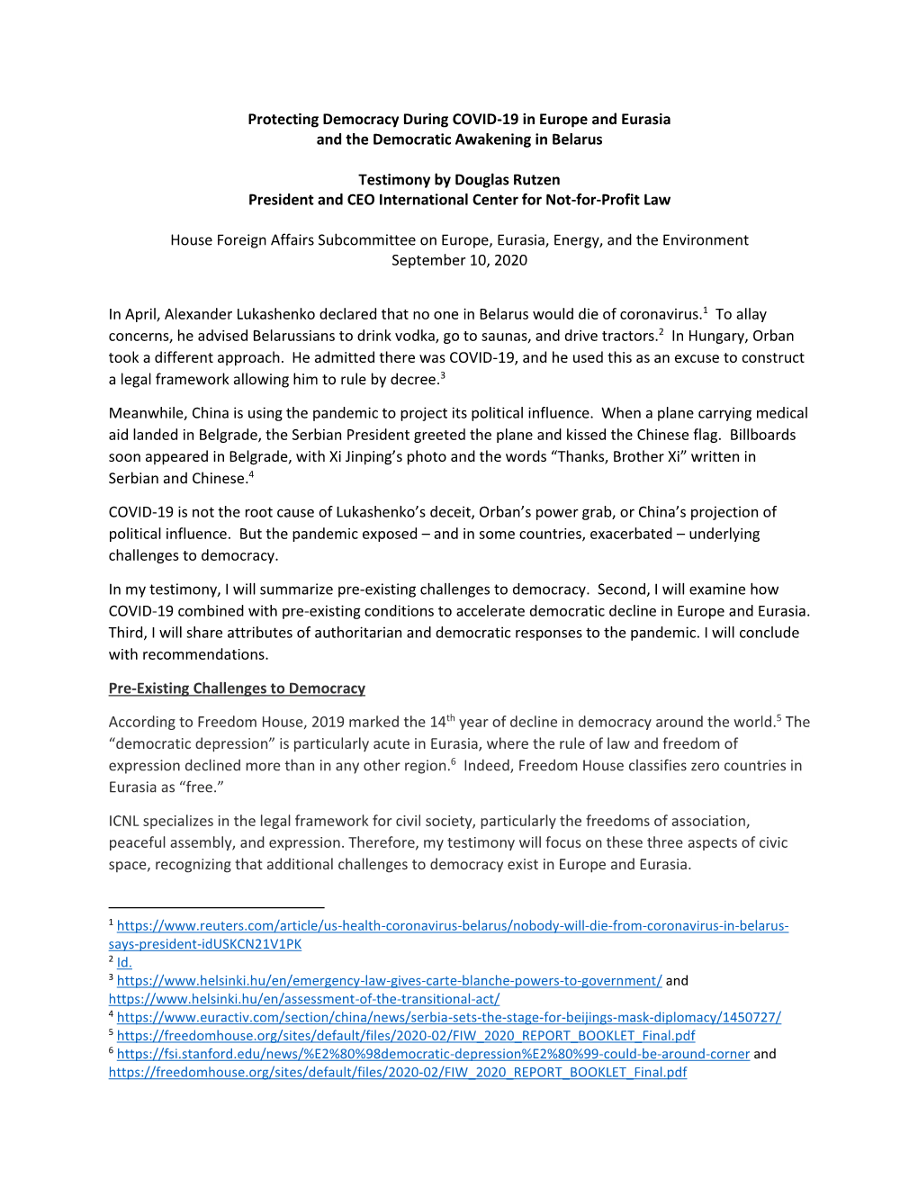 Protecting Democracy During COVID-19 in Europe and Eurasia and the Democratic Awakening in Belarus Testimony by Douglas Rutzen