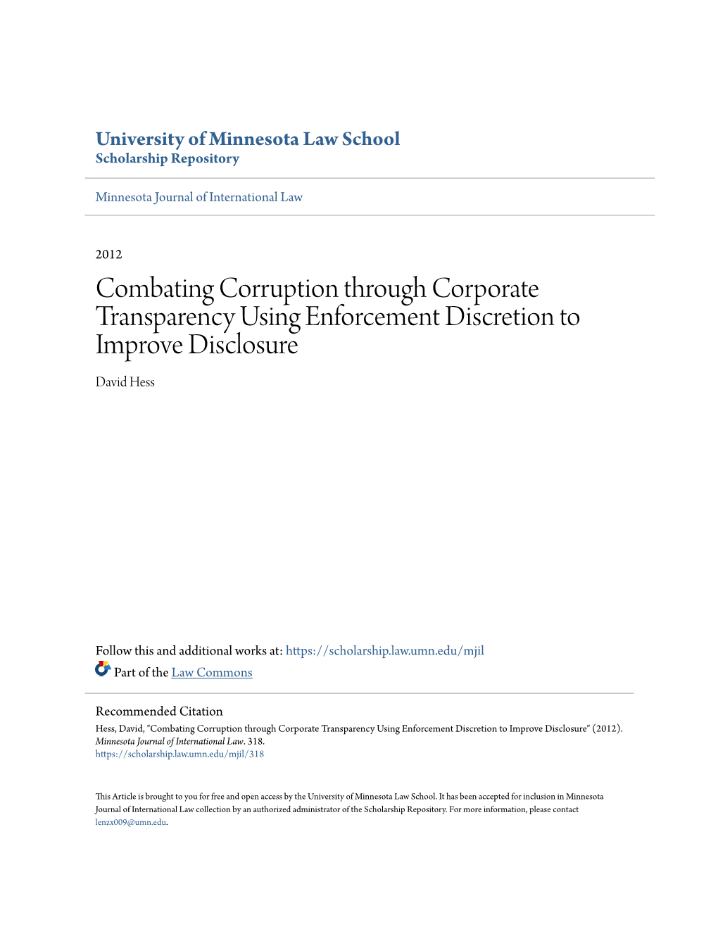 Combating Corruption Through Corporate Transparency Using Enforcement Discretion to Improve Disclosure David Hess