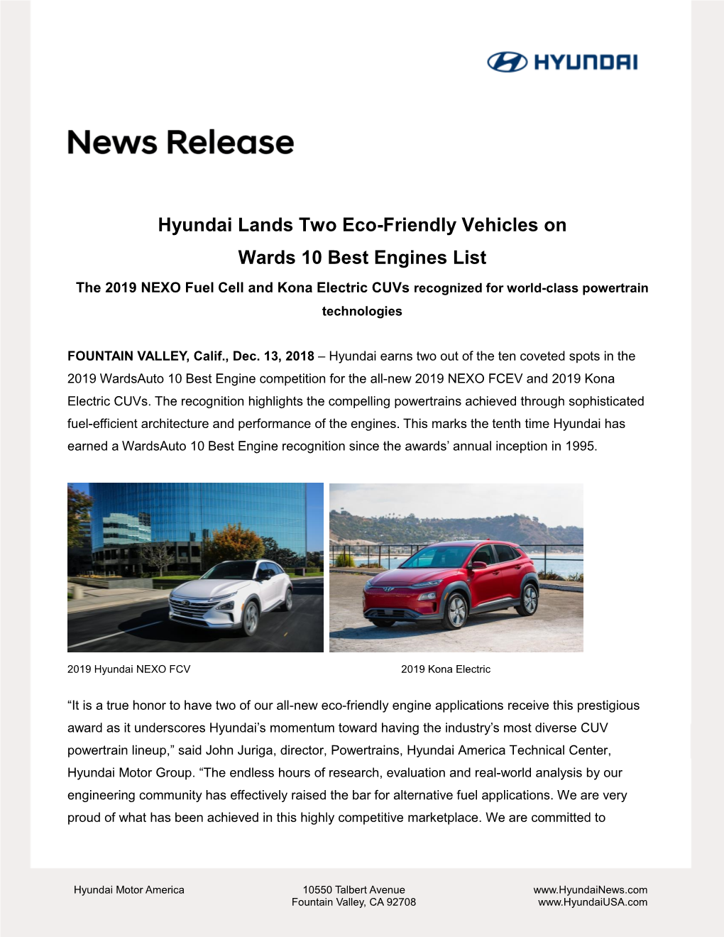 Hyundai Lands Two Eco-Friendly Vehicles on Wards 10 Best Engines List