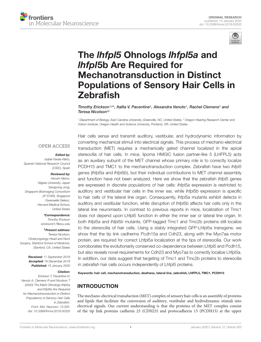 The Lhfpl5 Ohnologs Lhfpl5a and Lhfpl5b Are Required for Mechanotransduction in Distinct Populations of Sensory Hair Cells in Zebraﬁsh