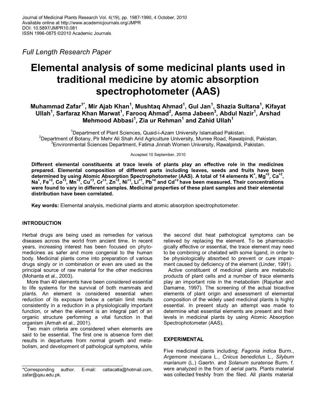 Elemental Analysis of Some Medicinal Plants By