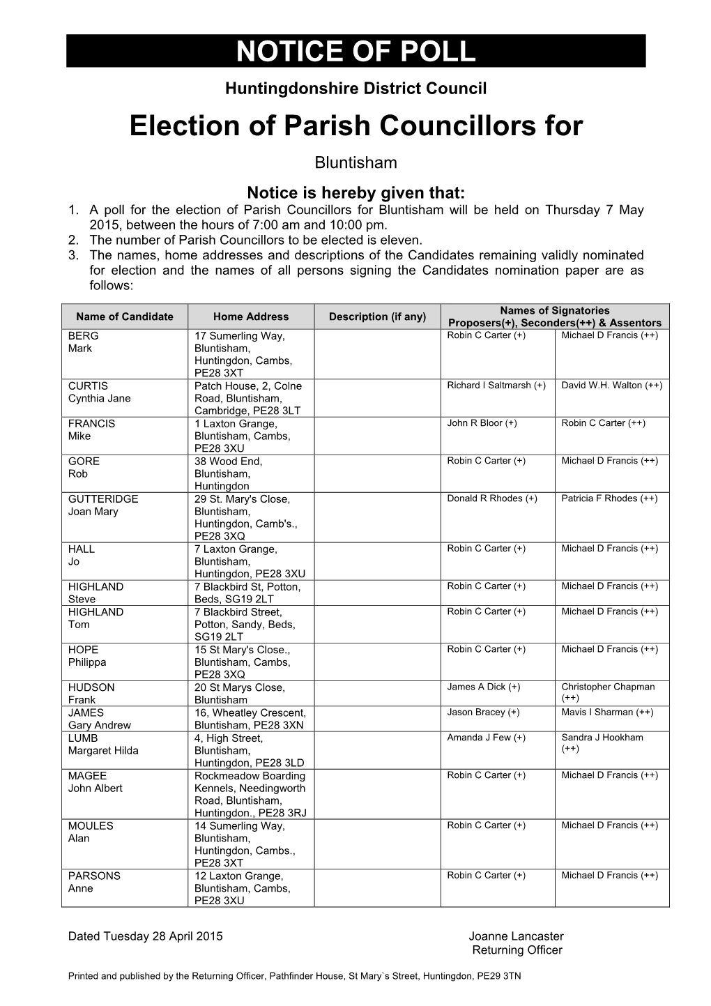 NOTICE of POLL Election of Parish Councillors