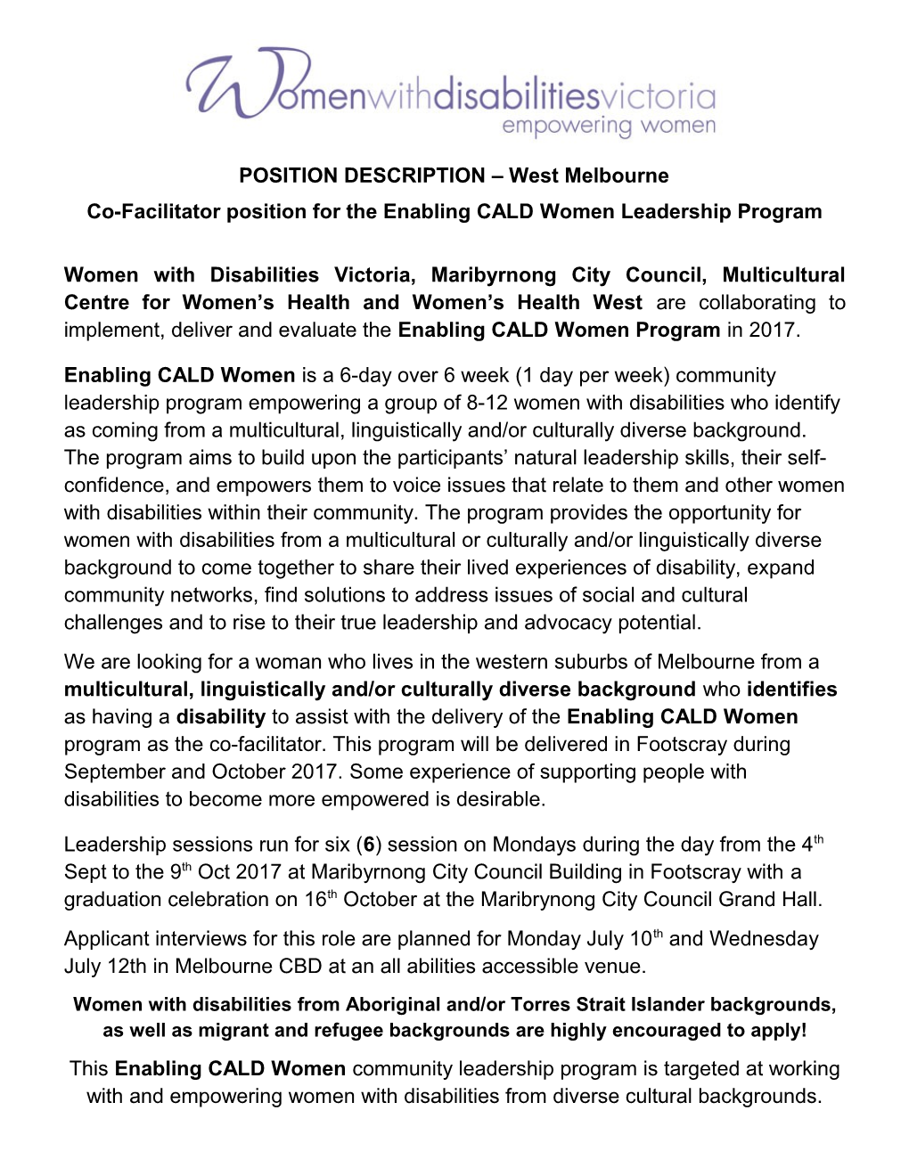 Co-Facilitator Position for the Enabling CALD Women Leadership Program